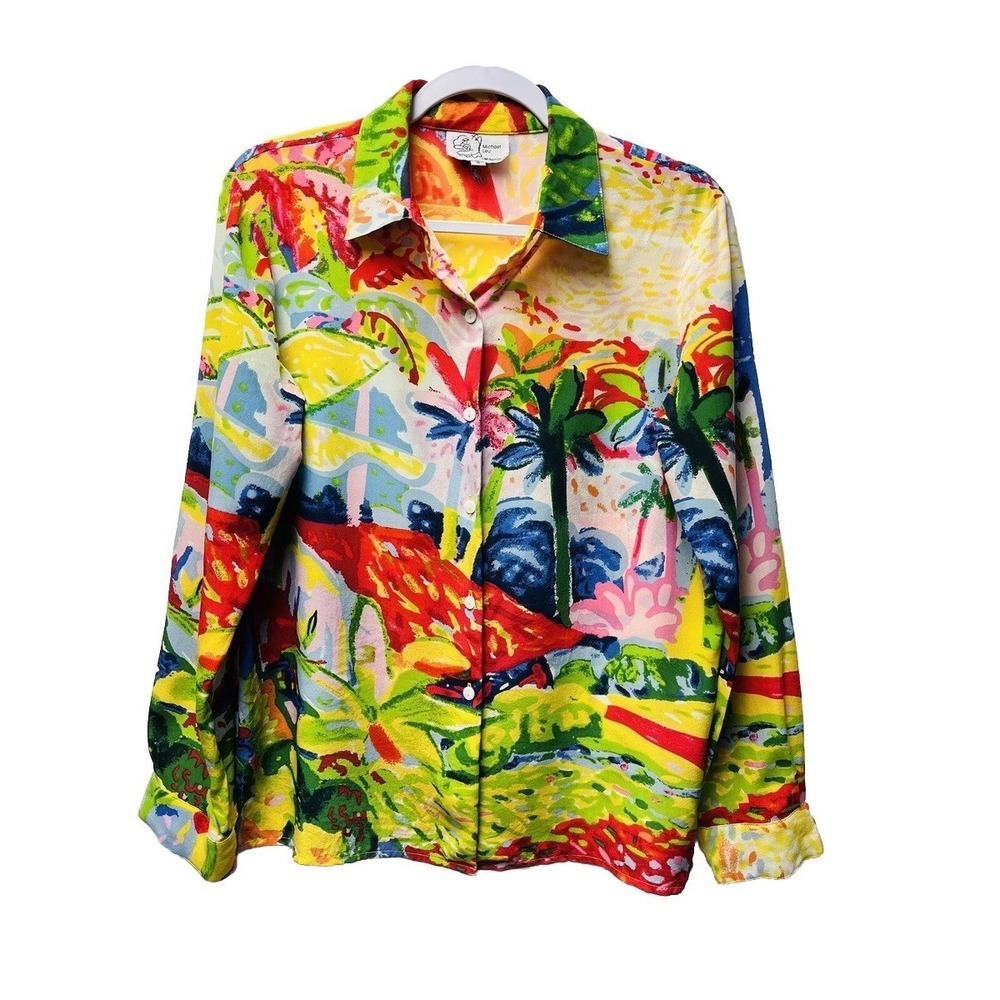 Michael Leu S Colorful Silk Blouse‎ Artsy Palm Tree Hawaiian 90's Funky Indie